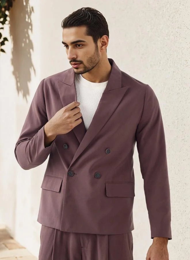 Iconic Iconic Textured Double Breasted Blazer with Long Sleeves